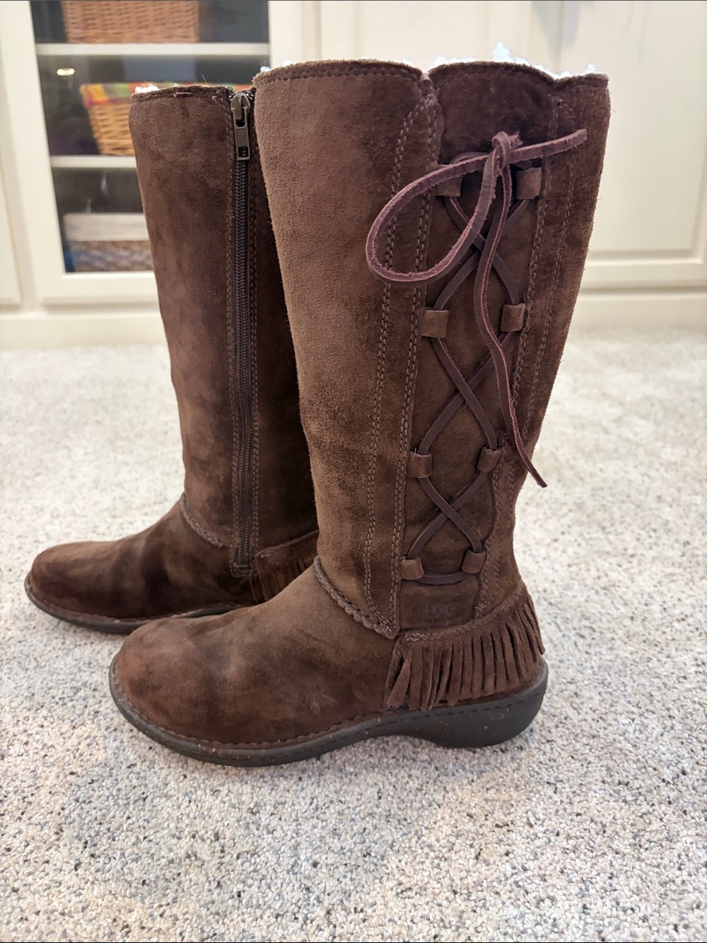 UGG Brown Suede Fringe Lace-Up Tall Boots